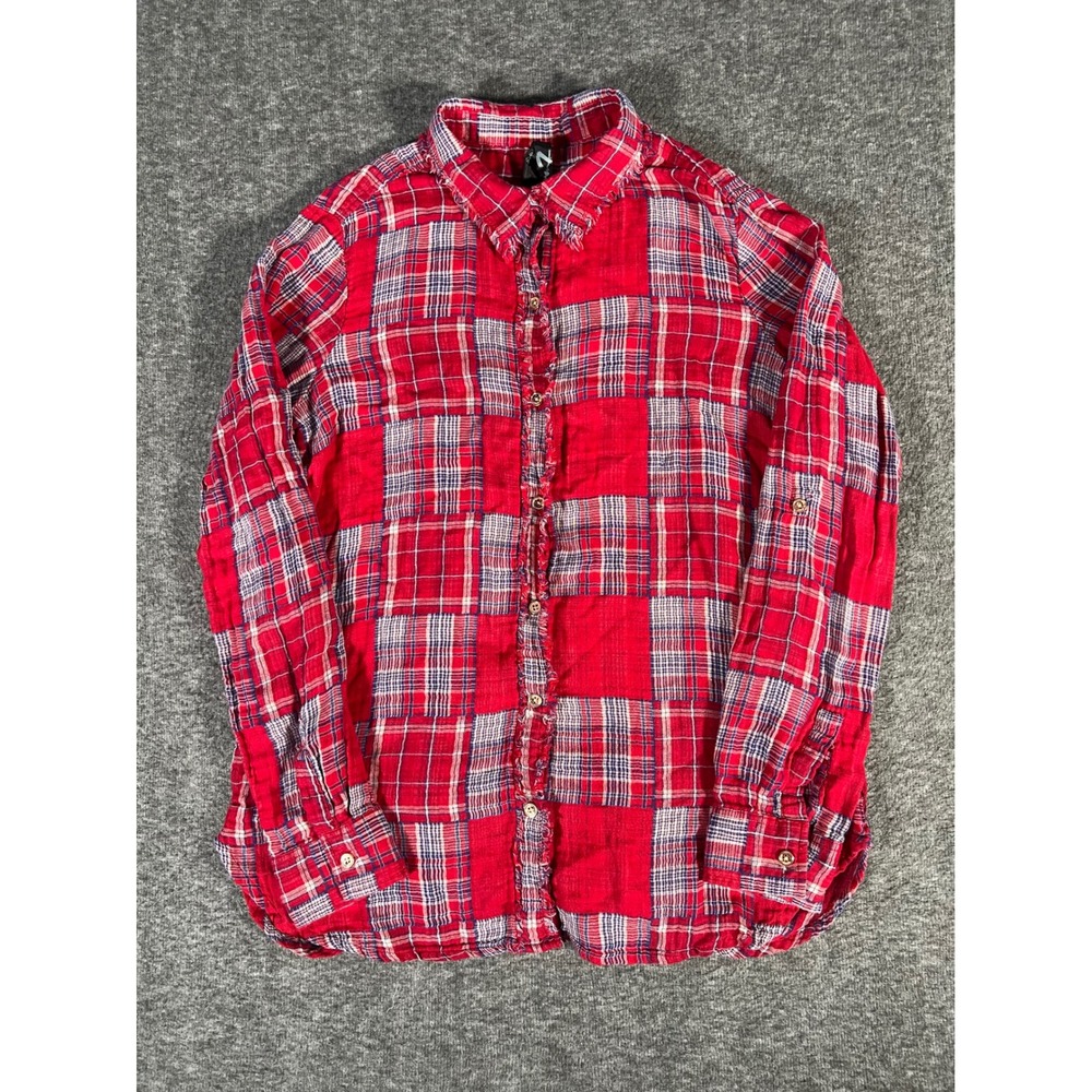 Seven7 Patchwork Plaid Flannel Shirt Red Blue Raw Frayed Button Down Sz Med Y2K
